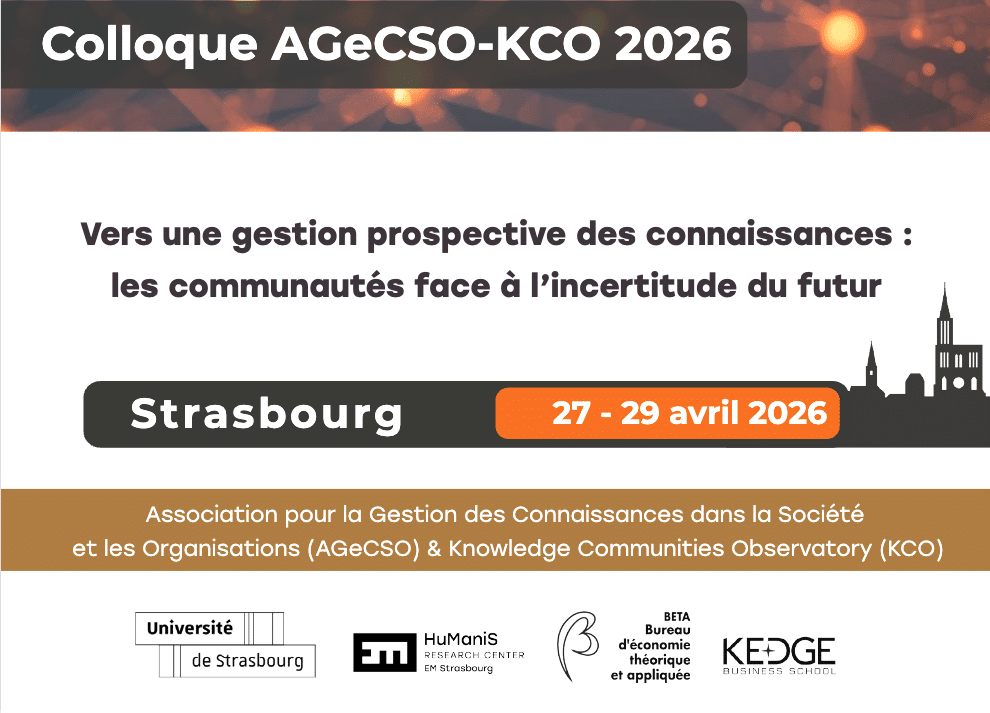 Colloque AGECSO-KCO 2026 – « Vers une gestion prospective des connaissances : les communautés face à l&rsquo;incertitude du futur »